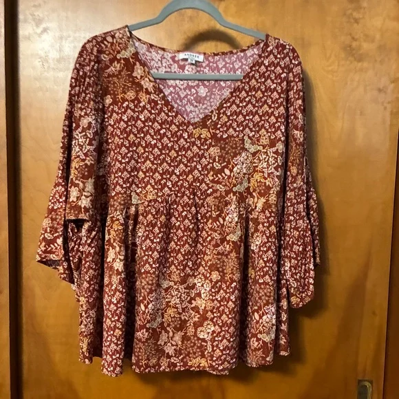 ANDREE BY UNIT Floral V-Neck Blouse 2Xl ruffle sleeves - Picture 1 of 9